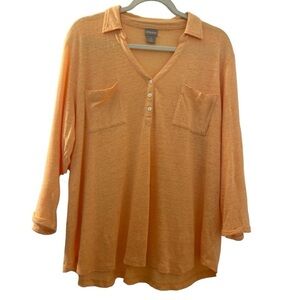 Chico’s 100% linen knit top, tangerine color, size 3 or XL, V-Neck with buttons